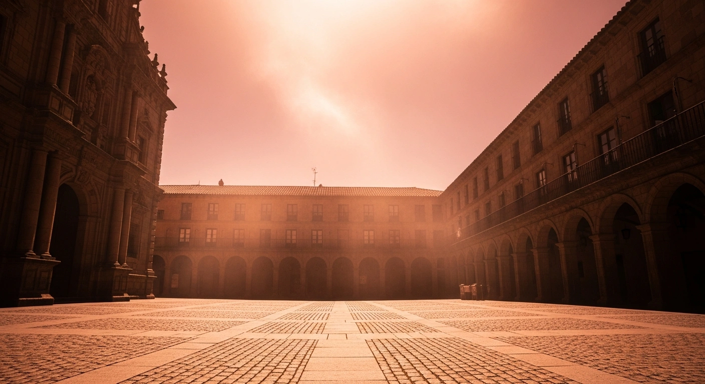 A deserted, sun-scorched plaza in Salamanca during a severe heat wave with visible heat haze rising from the ground.