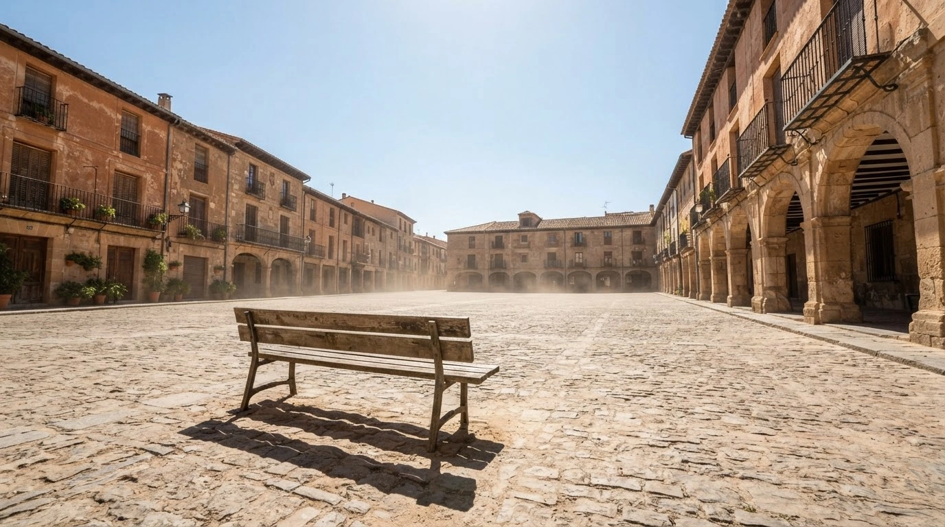 A sun-scorched Spanish plaza under a clear sky illustrates the unseasonably high temperatures currently affecting several regions in Spain.