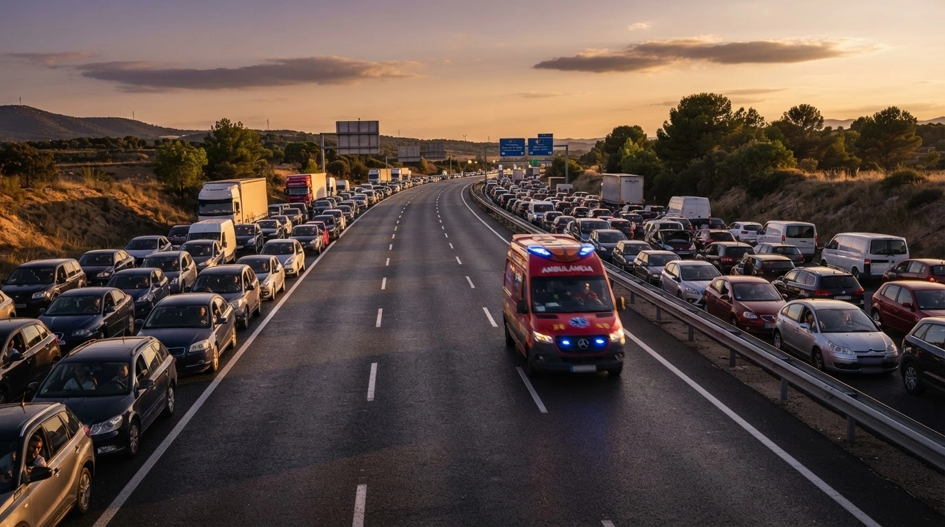 A red ambulance drives through an emergency corridor created by cars pulled to the sides of a congested highway in Spain.