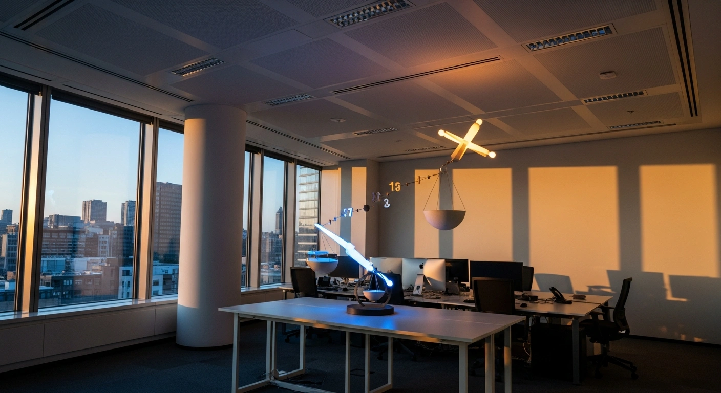 A kinetic sculpture in a minimalist office shows one arm subtly descending in cool blue light, representing Spain's EU-harmonised annual inflation rate decreasing to 3.0% in December from 3.2% in November, while another arm remains elevated in warm amber light, symbolizing core inflation stable at 2.6% and above the European Central Bank's target.