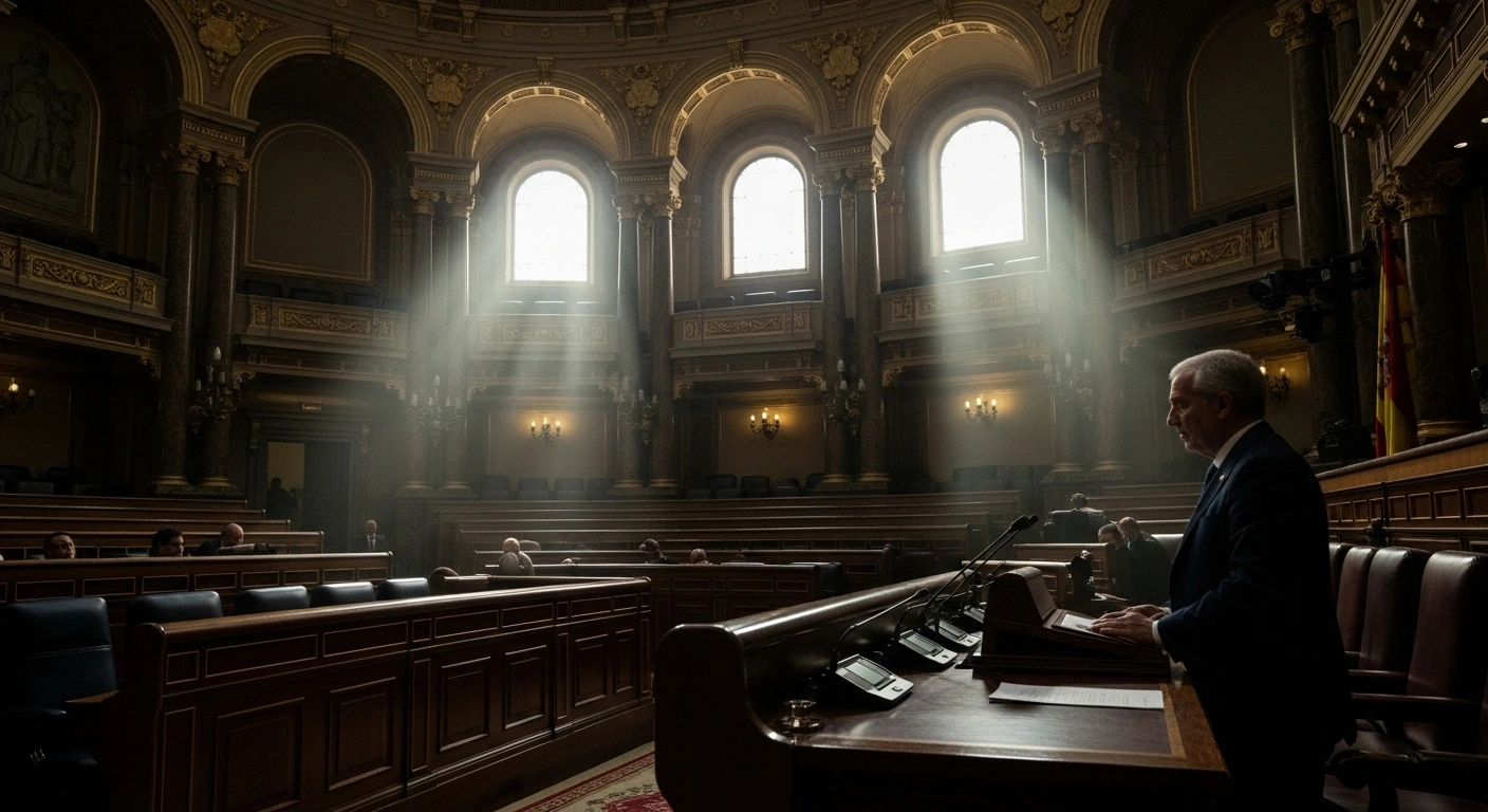 A low-angle, wide shot inside the Spanish Cortes Generales shows a resolute speaker at a podium, illuminated by late afternoon sunlight, during a session discussing a full arms embargo on Israel, coinciding with the second anniversary of the Hamas attack and ongoing peace negotiations.