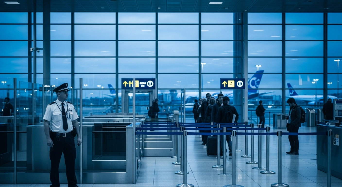 A security officer monitors travelers at an airport checkpoint as Spain implements temporary border controls on arrivals from Italy.