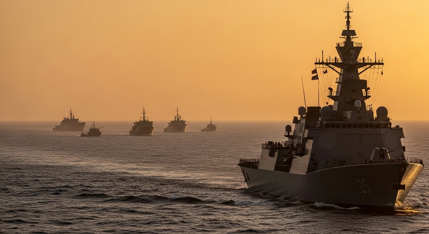 A Spanish or Italian naval destroyer sails at sunset, escorting a humanitarian aid flotilla towards Gaza, in response to reports of drone attacks and communications jamming.