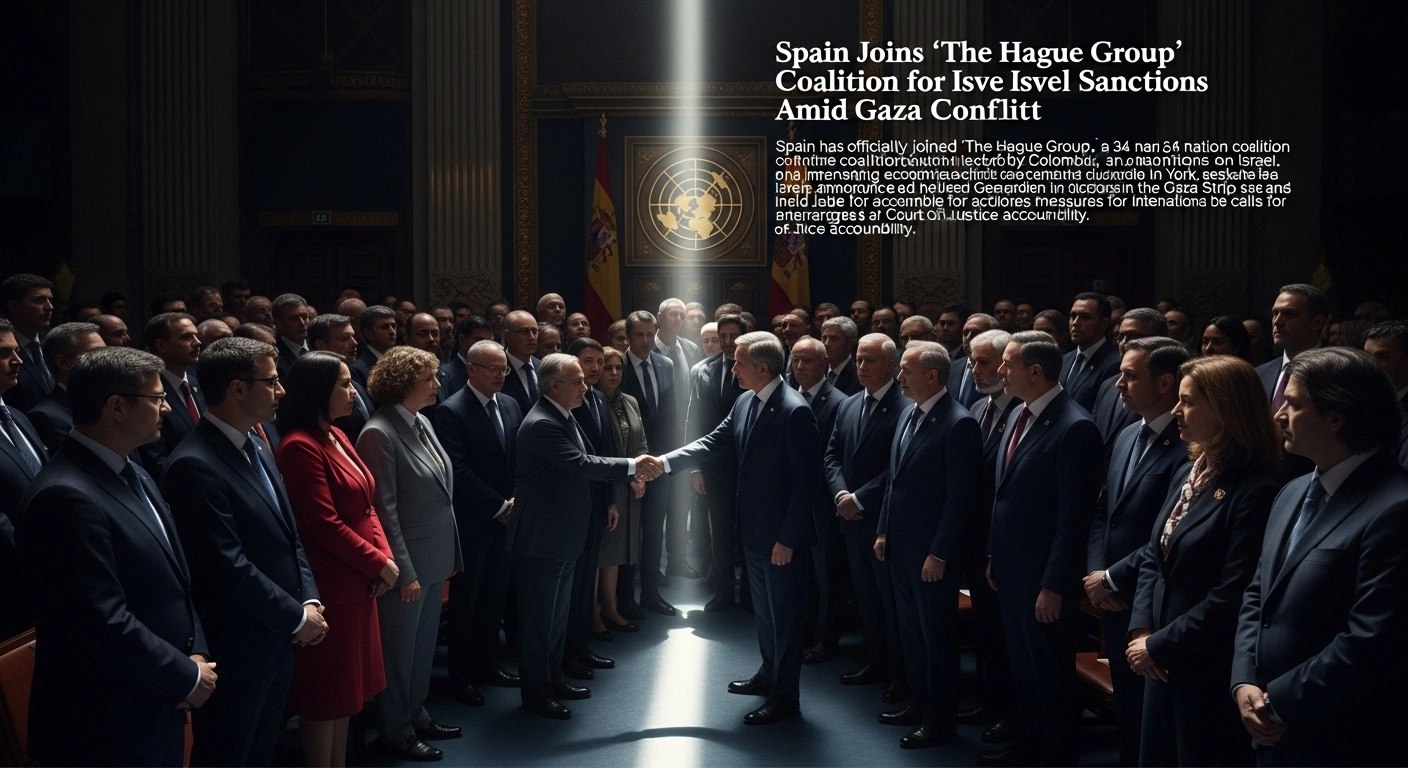 A distinguished figure representing Spain extends a hand to join a solemn circle of international delegates in a grand, dimly lit hall, symbolizing Spain's official entry into The Hague Group coalition, led by South Africa and Colombia, to impose economic sanctions on Israel and seek accountability for actions in the Gaza Strip, as announced at the UN General Assembly.