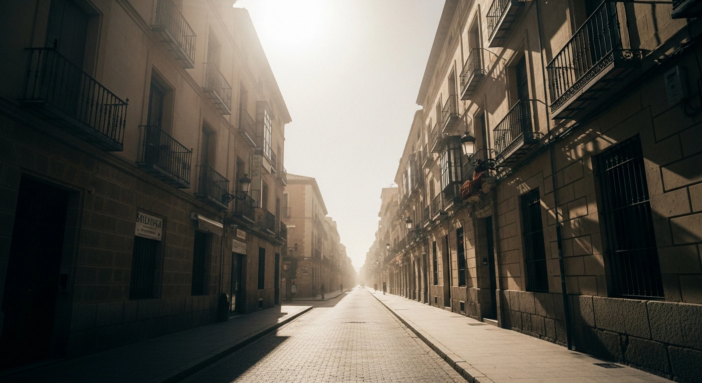 A desolate, sun-drenched street in Spain illustrates the severe public health impact of record-breaking June heatwaves.