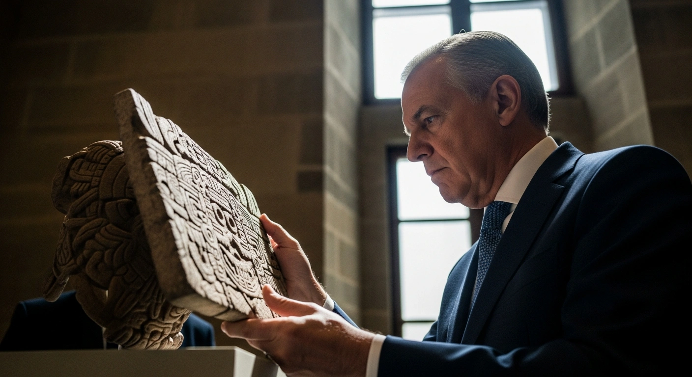 A solemn European statesman, representing Spain's Foreign Minister José Manuel Albares, gazes intently at an ancient Mesoamerican artifact, symbolizing the acknowledgment of suffering inflicted upon Mexico's indigenous peoples during the Spanish conquest, marking a crucial step towards reconciliation.