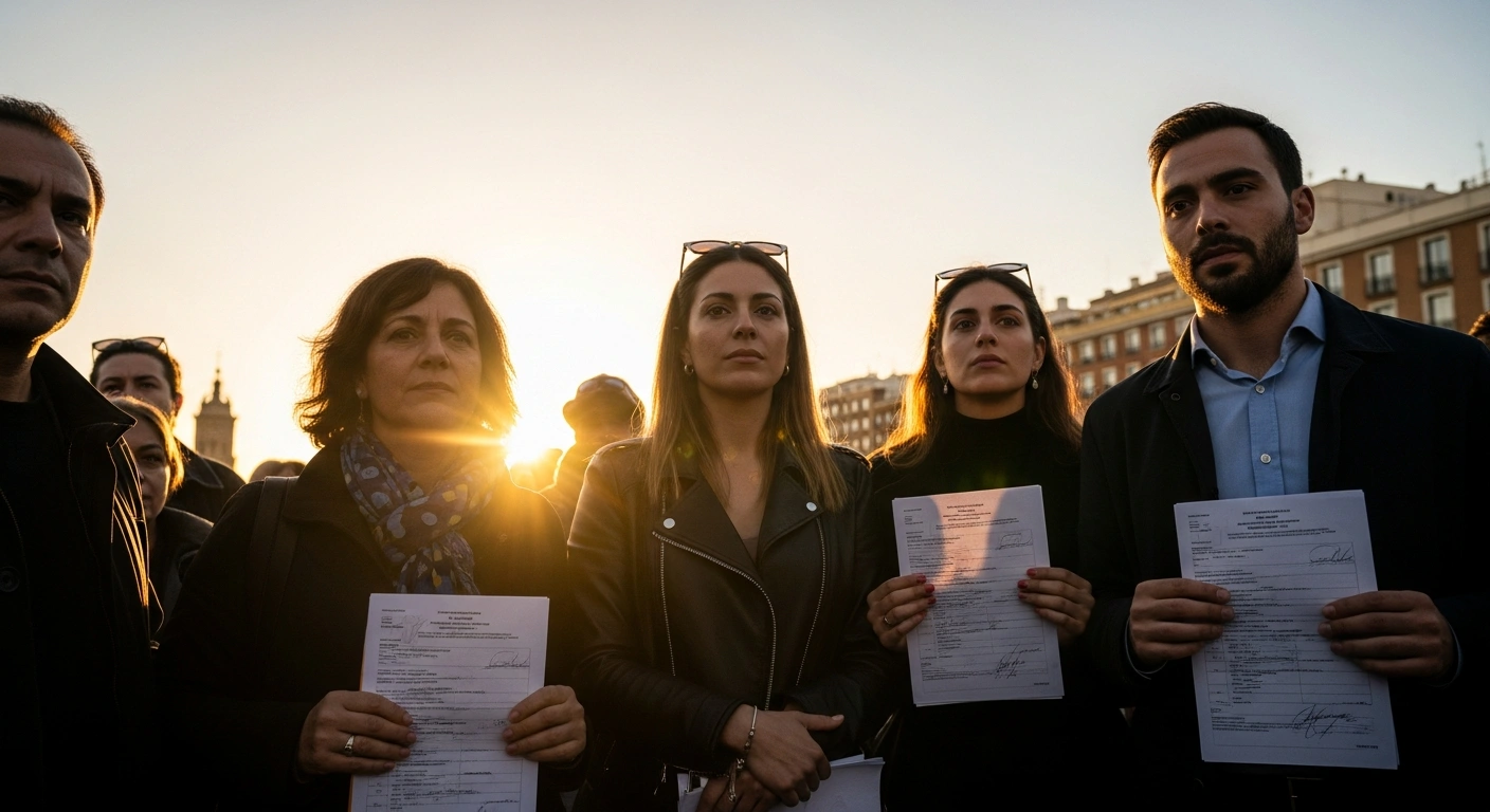 A diverse group of individuals stands bathed in warm, golden sunlight, some holding official-looking documents, symbolizing the granting of legal status and work permits to approximately 500,000 undocumented migrants in Spain.