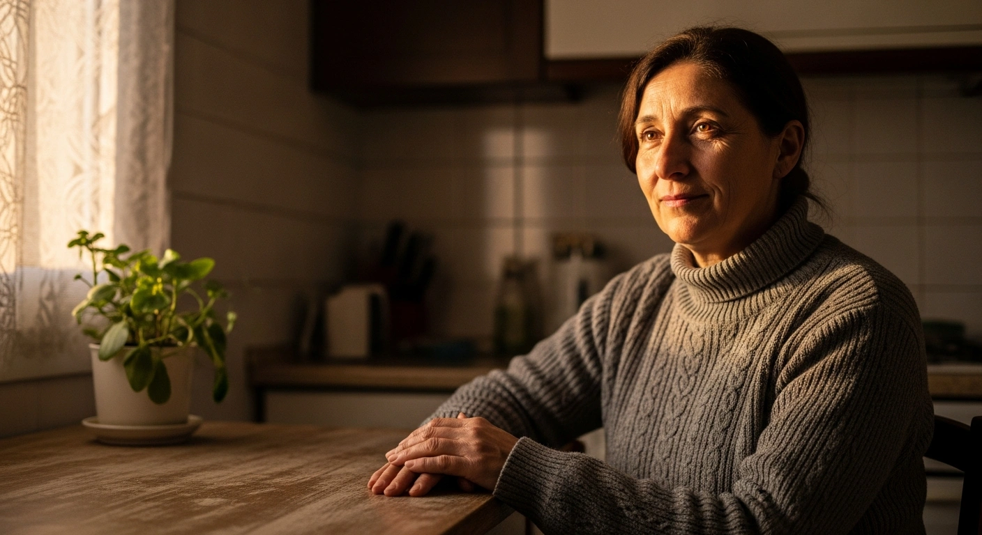 A Spanish woman in her late 40s sits at a simple wooden kitchen table, illuminated by warm golden hour light, with a subtle, hopeful smile, symbolizing the recent 3.1% increase in Spain's national minimum wage to €1,221 per month benefiting 2.5 million workers.