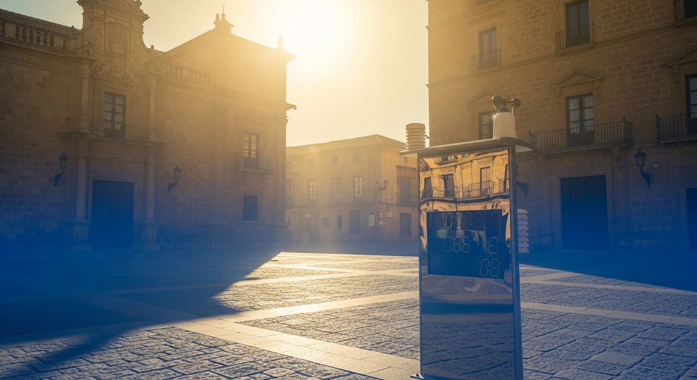 A modern weather monitoring station stands in a sun-drenched Spanish plaza as part of the national heat action plan to protect citizens from extreme temperatures.