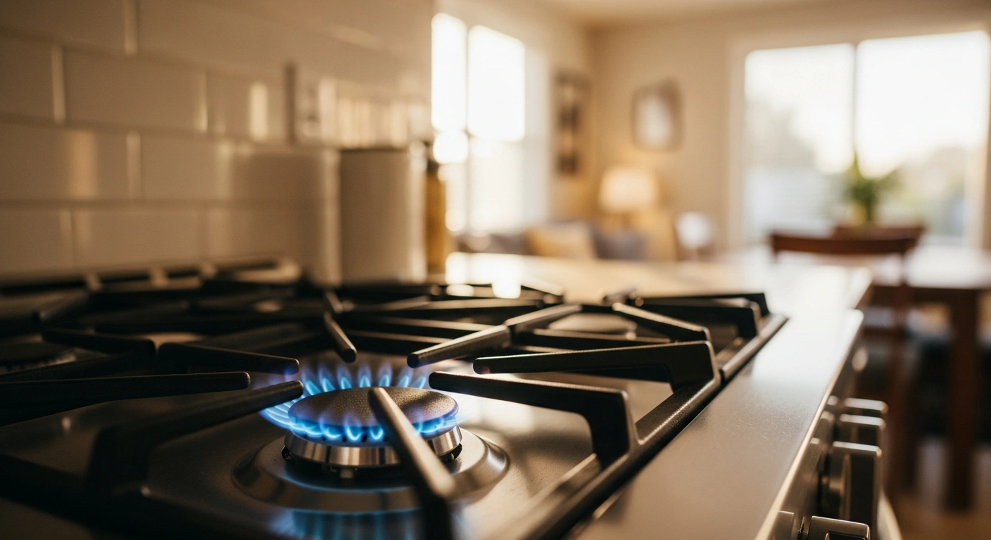 A close-up view of a blue gas stove flame in a modern kitchen representing the reduction of natural gas tariffs in Spain.