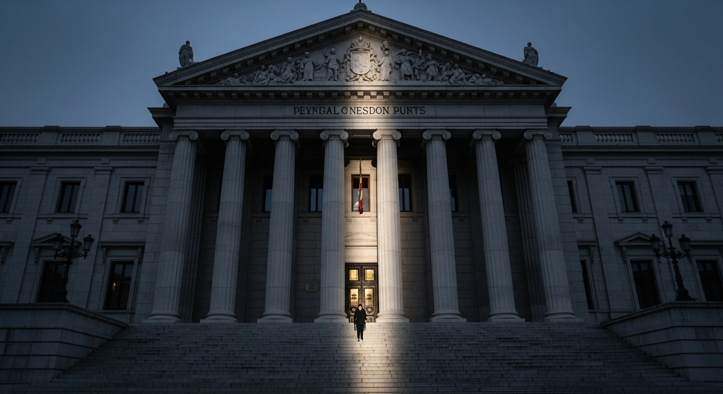 A lone figure, partially obscured by shadow, ascends the grand stone steps of a neoclassical Spanish courthouse under a pre-dawn sky, illuminated by a single beam of artificial light, symbolizing the gravity of the oral trial ordered against Mónica Oltra and others by Spain's Provincial Court of Valencia for allegedly covering up sexual abuse.
