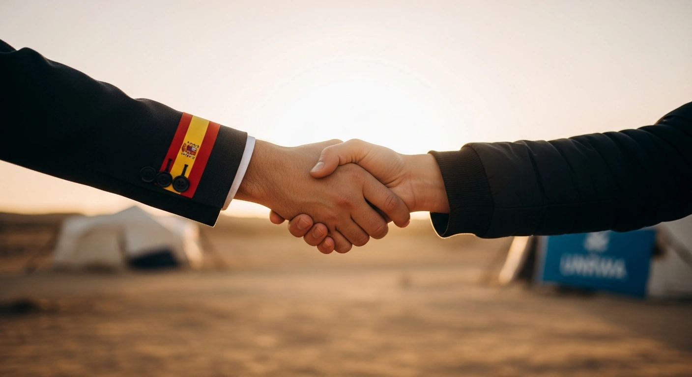 A close-up shot at golden hour depicts a hand, subtly representing Spain, reaching across an arid landscape to grasp a weathered Palestinian hand, symbolizing Spain's €75 million developmental support to Palestine, including aid for UNRWA and humanitarian efforts.