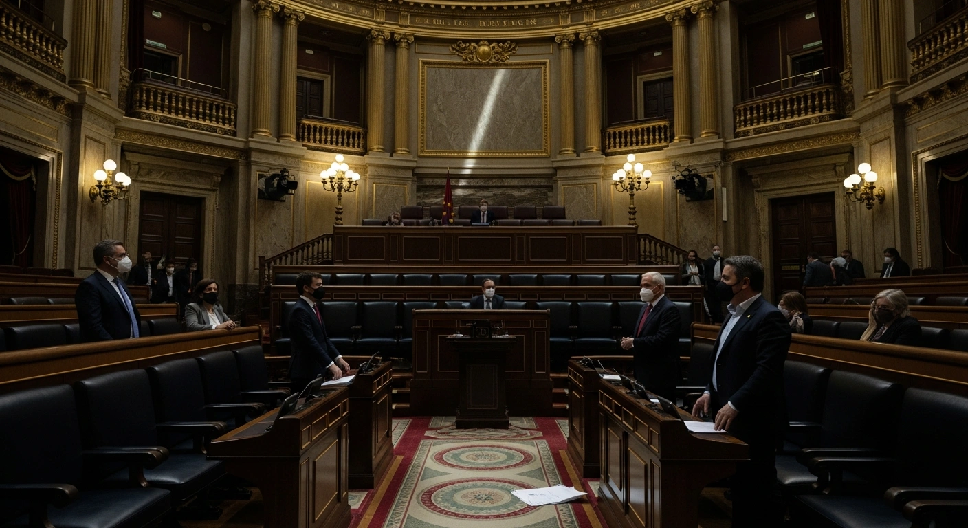 A wide, low-angle shot of a grand, dimly lit parliamentary chamber shows empty government benches in the foreground and silhouetted opposition figures in the mid-ground, with a single crumpled document on the polished marble floor, representing Spain's government's significant parliamentary defeat on January 27, 2026, when Congress rejected the 'omnibus' Royal Decree, which included pension revaluation, public transport subsidies, and eviction protections, impacting millions of citizens.