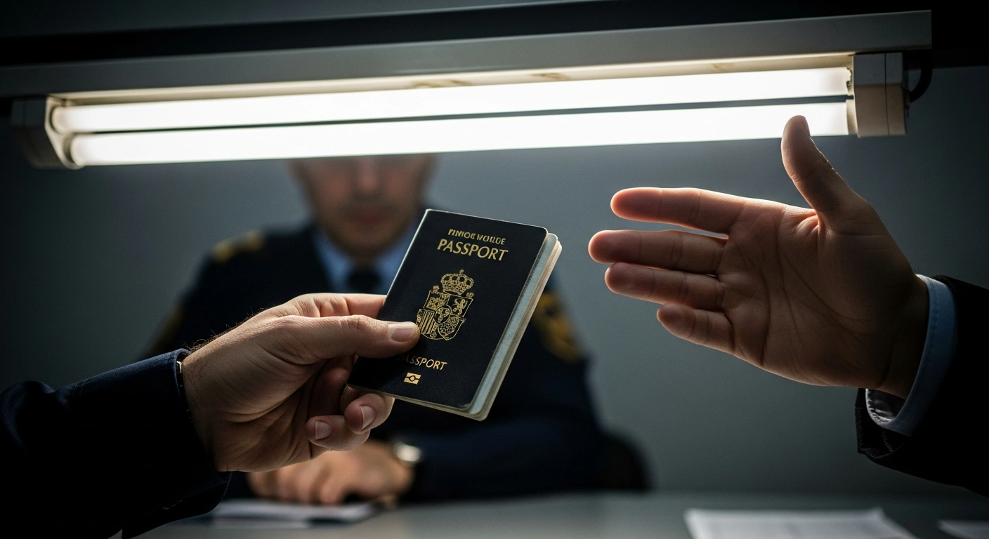 A close-up image depicts a uniformed officer's hand scrutinizing a passport under harsh fluorescent light, symbolizing Spain's nationwide warning about a surge in fraudulent passport reports and the resulting stricter identity checks linked to a migrant regularisation program.
