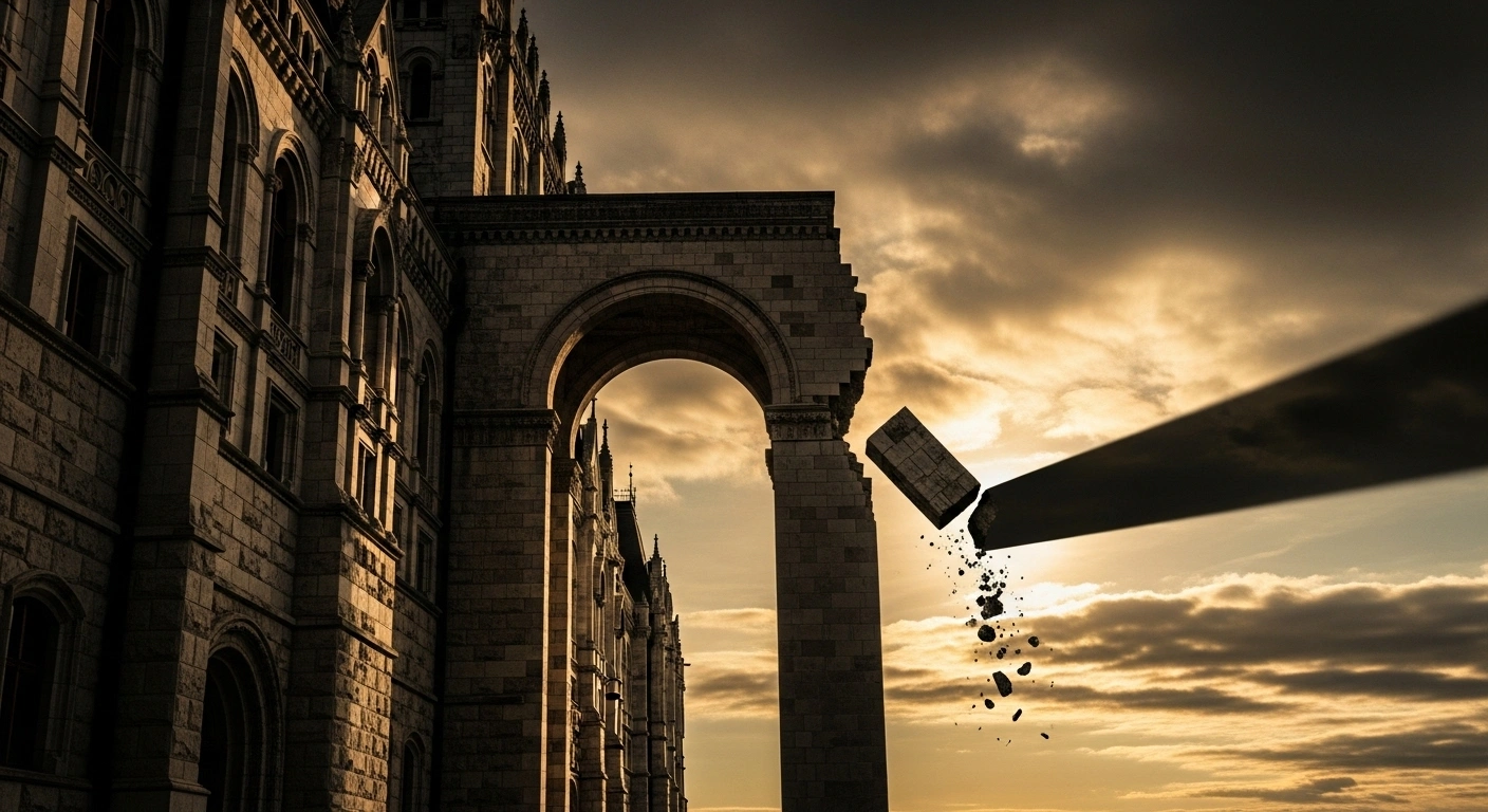 A dramatic low-angle photograph captures a large stone block cracking and dislodging from the ancient facade of a European parliament building under a stormy sky, symbolizing the political instability in Spain following Carles Puigdemont's Junts party severing its agreement with the PSOE government.