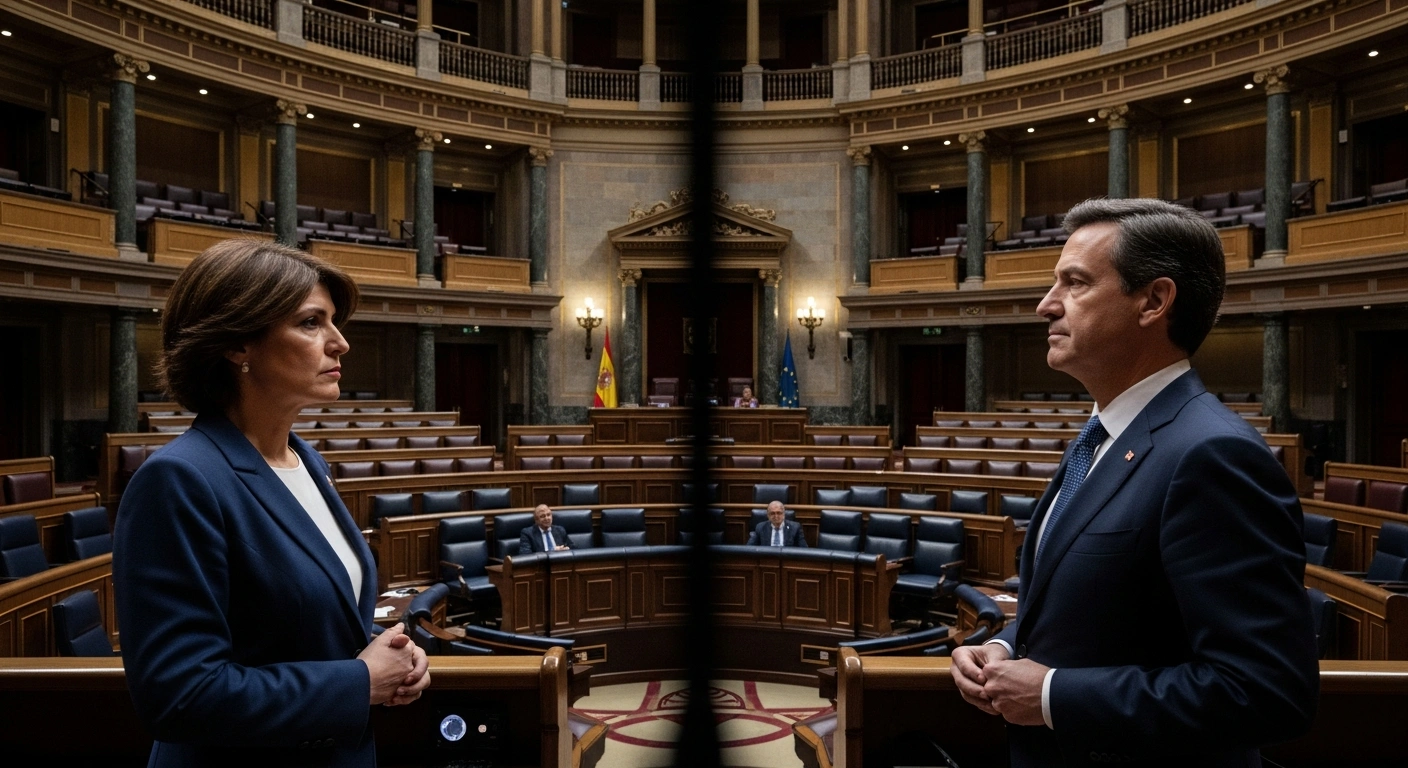 A dramatic, high-contrast image in a grand parliamentary hall shows Yolanda Díaz illuminated by cool light on one side, facing Santiago Abascal, who is lit by warm light on the opposing side, with a chasm of shadow between them, symbolizing the deep ideological divide in Spanish politics.