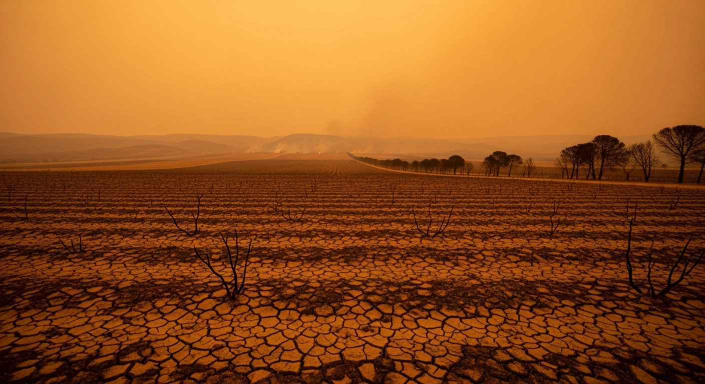 A wide, low-angle shot captures a vast, scorched Spanish landscape with cracked earth under an orange, hazy sky, showing distant plumes of smoke from devastating wildfires and conveying the oppressive heat of Spain's record-breaking summer of 2025.