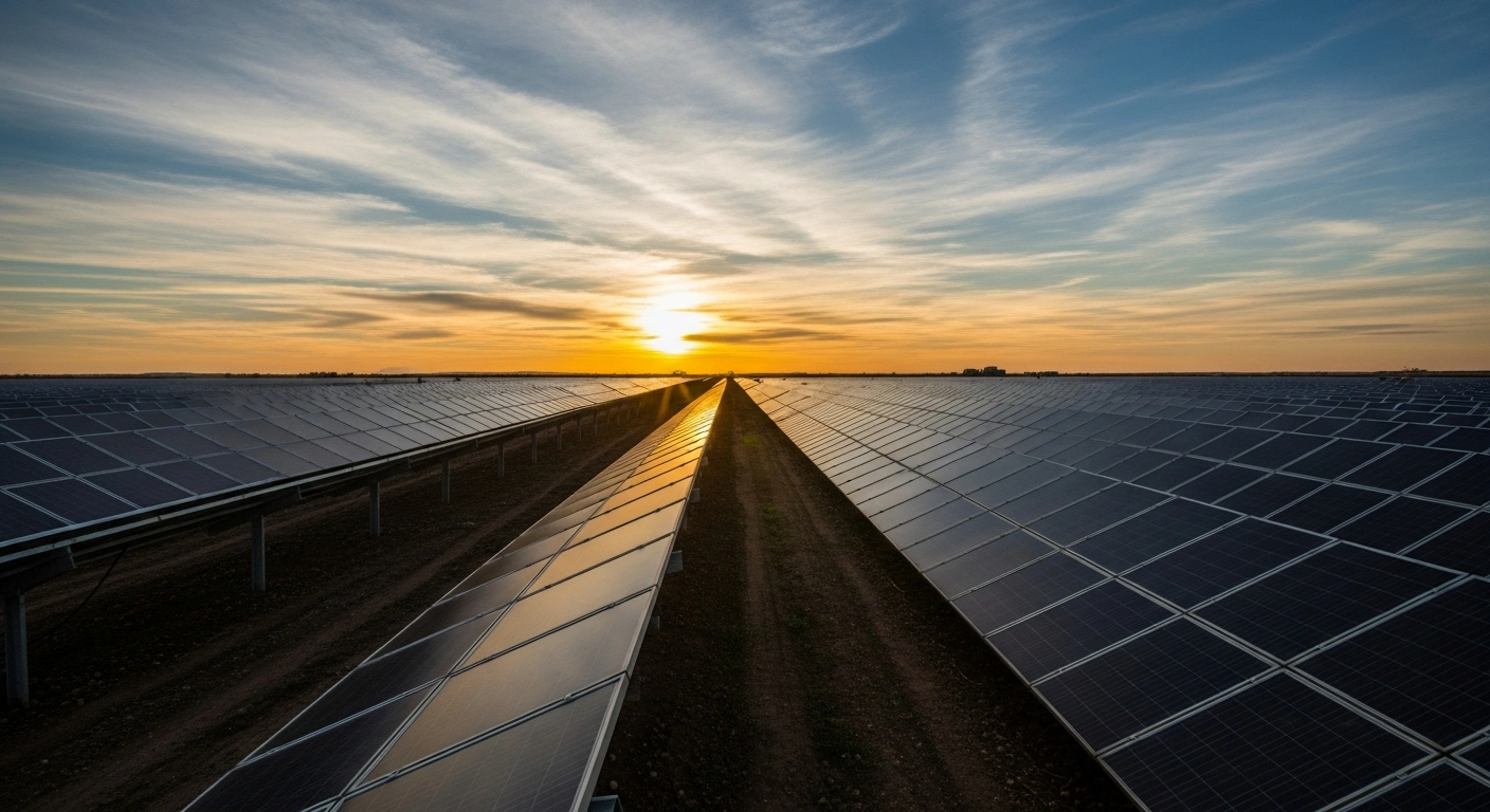 An expansive solar farm in Spain is shown at late afternoon, with endless rows of gleaming photovoltaic panels reflecting a vibrant sky, symbolizing the nation's fast-tracked renewable energy projects.