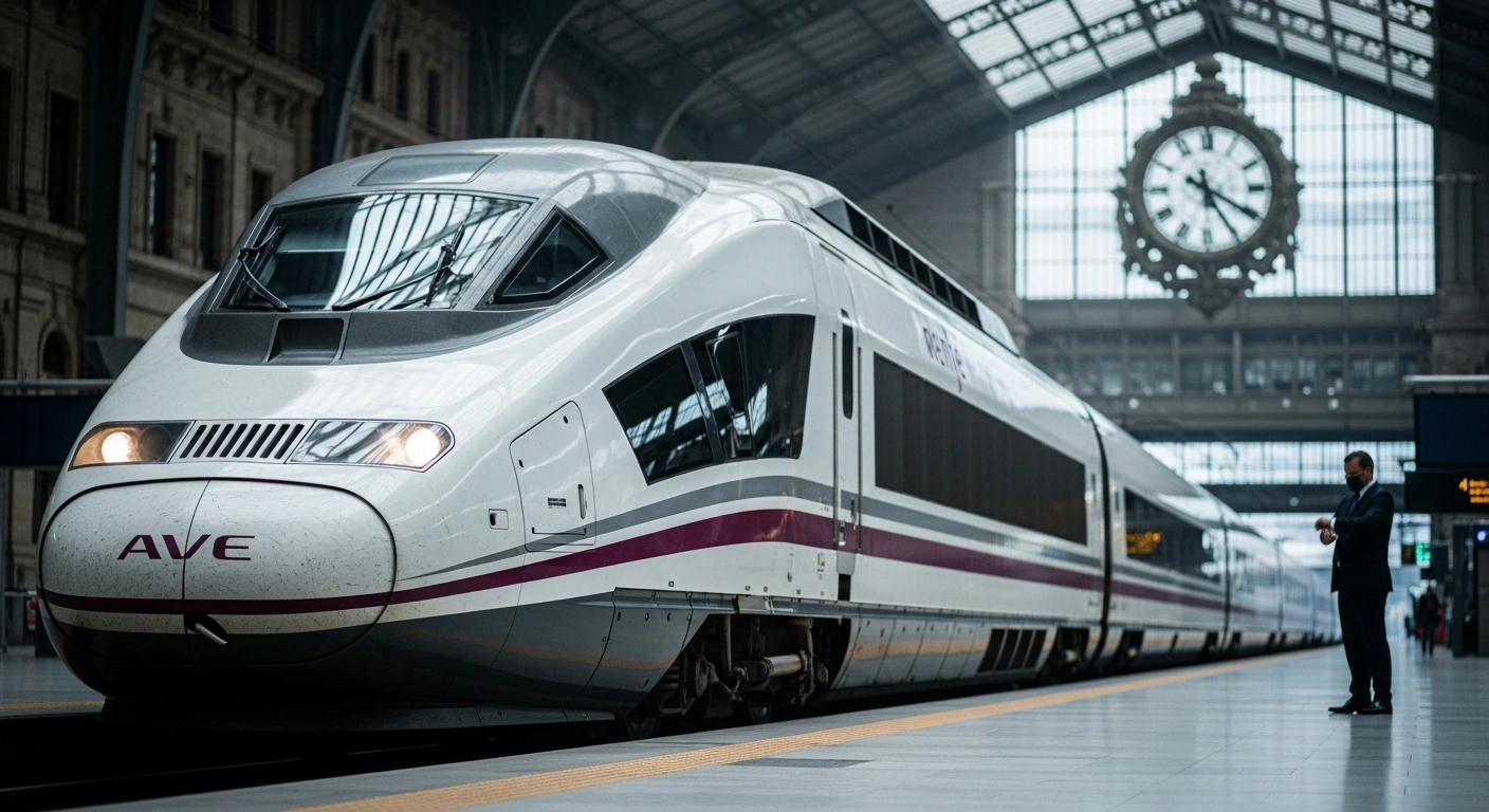 A sleek, modern high-speed train, likely a Renfe AVE, is parked in a grand Spanish train station concourse, with a large station clock in the background, symbolizing the new amendment to Spain's Sustainable Mobility Law mandating Renfe to reinstate punctuality commitments for refunds on high-speed and long-distance trains, despite challenges from Renfe and the Ministry of Transport.