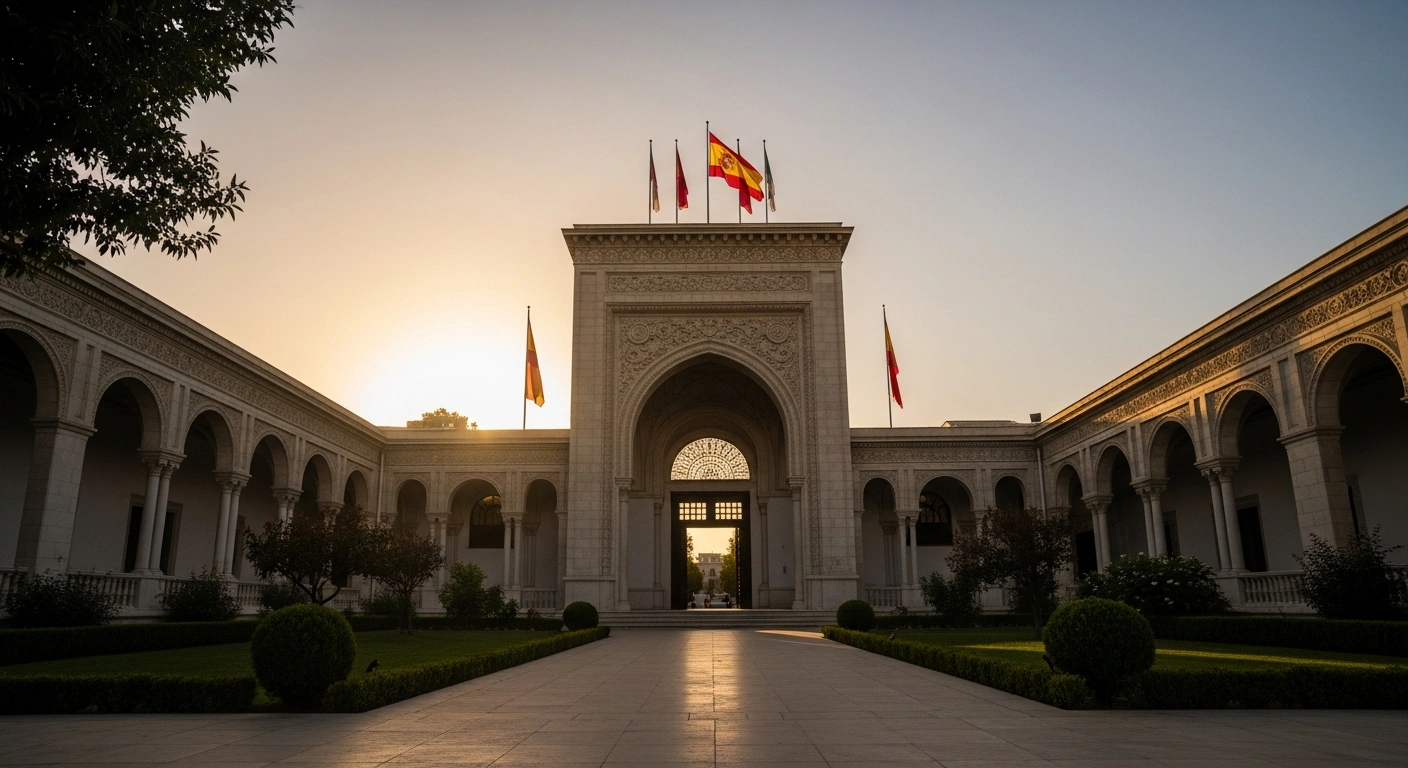 The exterior of the Spanish embassy in Tehran stands in the sunlight as diplomatic operations officially resume.