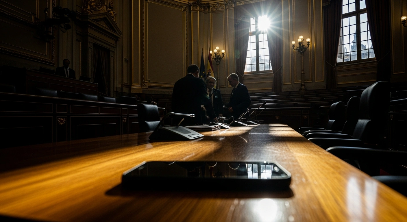 A low-angle, wide shot depicts a grand Spanish parliamentary hall with three shadowed figures gathered around an ornate table, while a modern smartphone rests prominently in the foreground, illustrating the political agreement between the Socialist Party, Junts, and the Popular Party to toughen penalties for repeat minor offenses like mobile phone thefts.