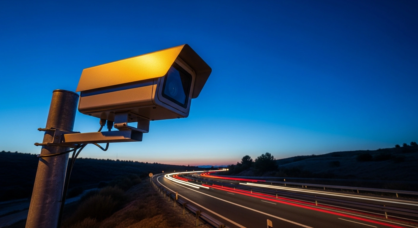 A modern speed radar camera stands on a highway in Spain to monitor traffic and enforce safety limits.