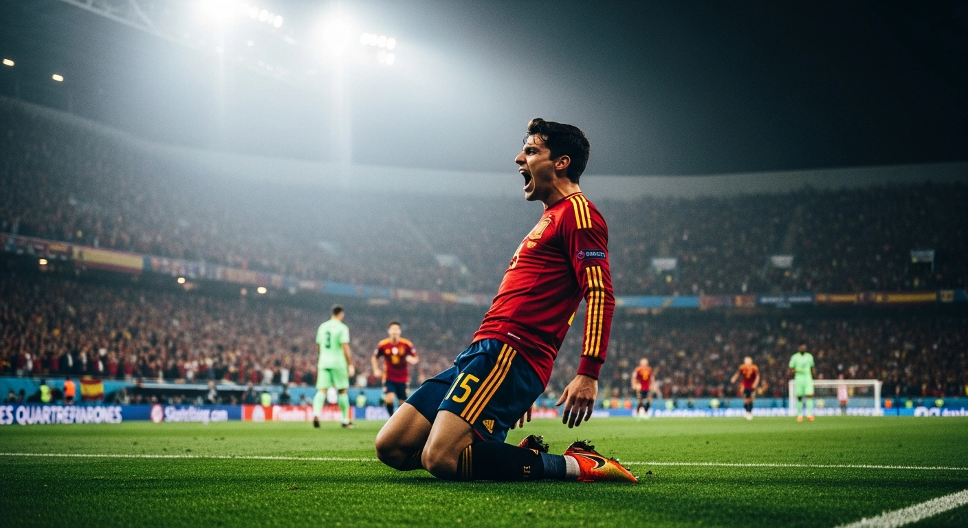 A Spanish football player celebrates on the field after defeating Belgium in the World Cup quarterfinals.