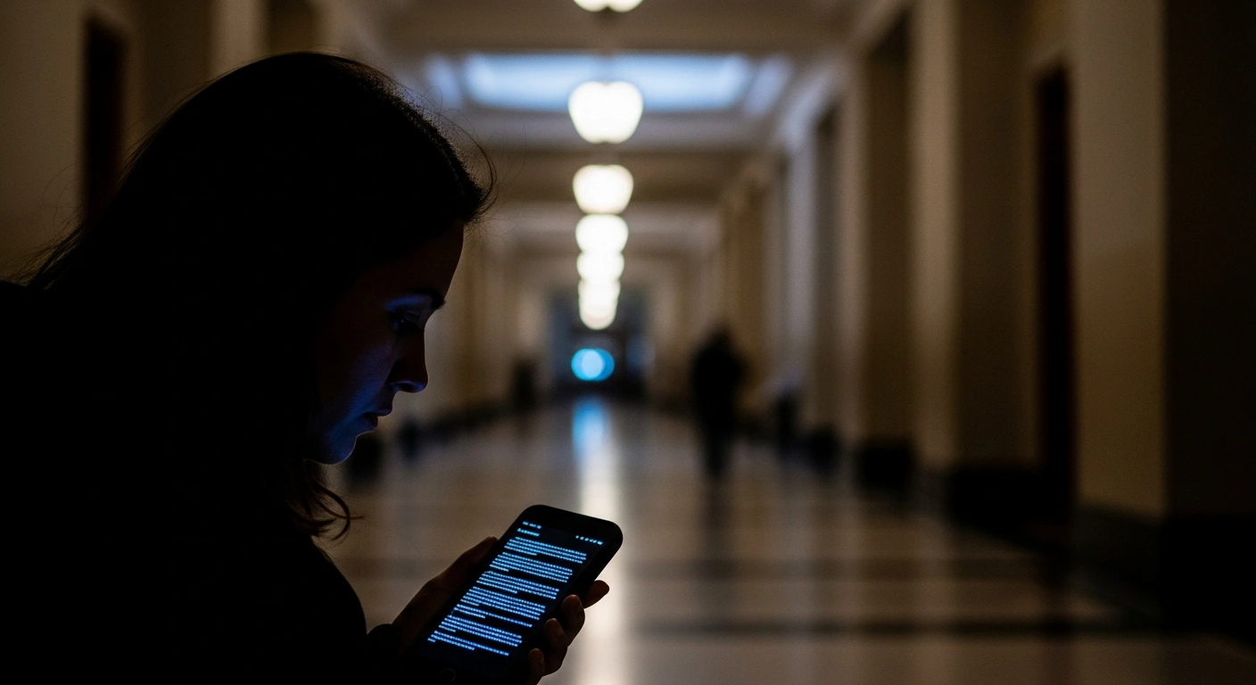 A woman's face is partially obscured by shadow, illuminated by the cold glow of a smartphone screen displaying threatening messages, set against the blurred backdrop of imposing government building corridors, depicting the distress from a leaked identity following a sexual assault complaint.