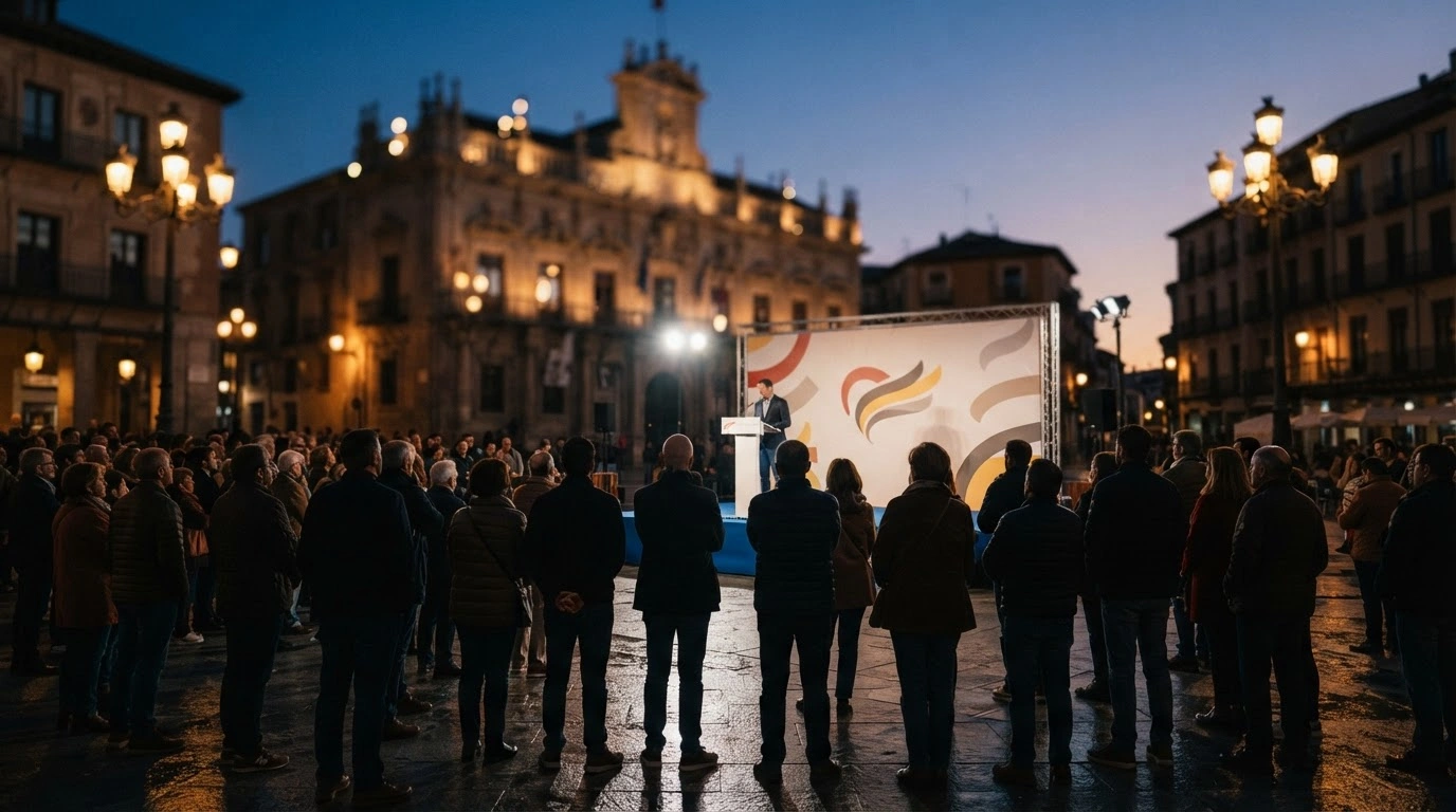 A diverse crowd of citizens gathers in a Spanish city square at twilight to discuss political issues like immigration and housing ahead of the snap general election.