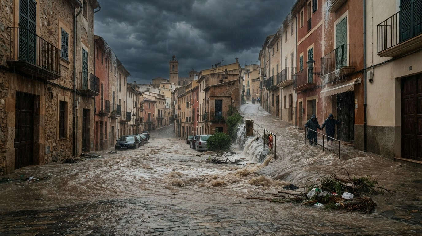 Torrential rain and rising floodwaters surge through the streets of a coastal Spanish town during the severe weather event caused by Storm Adam.