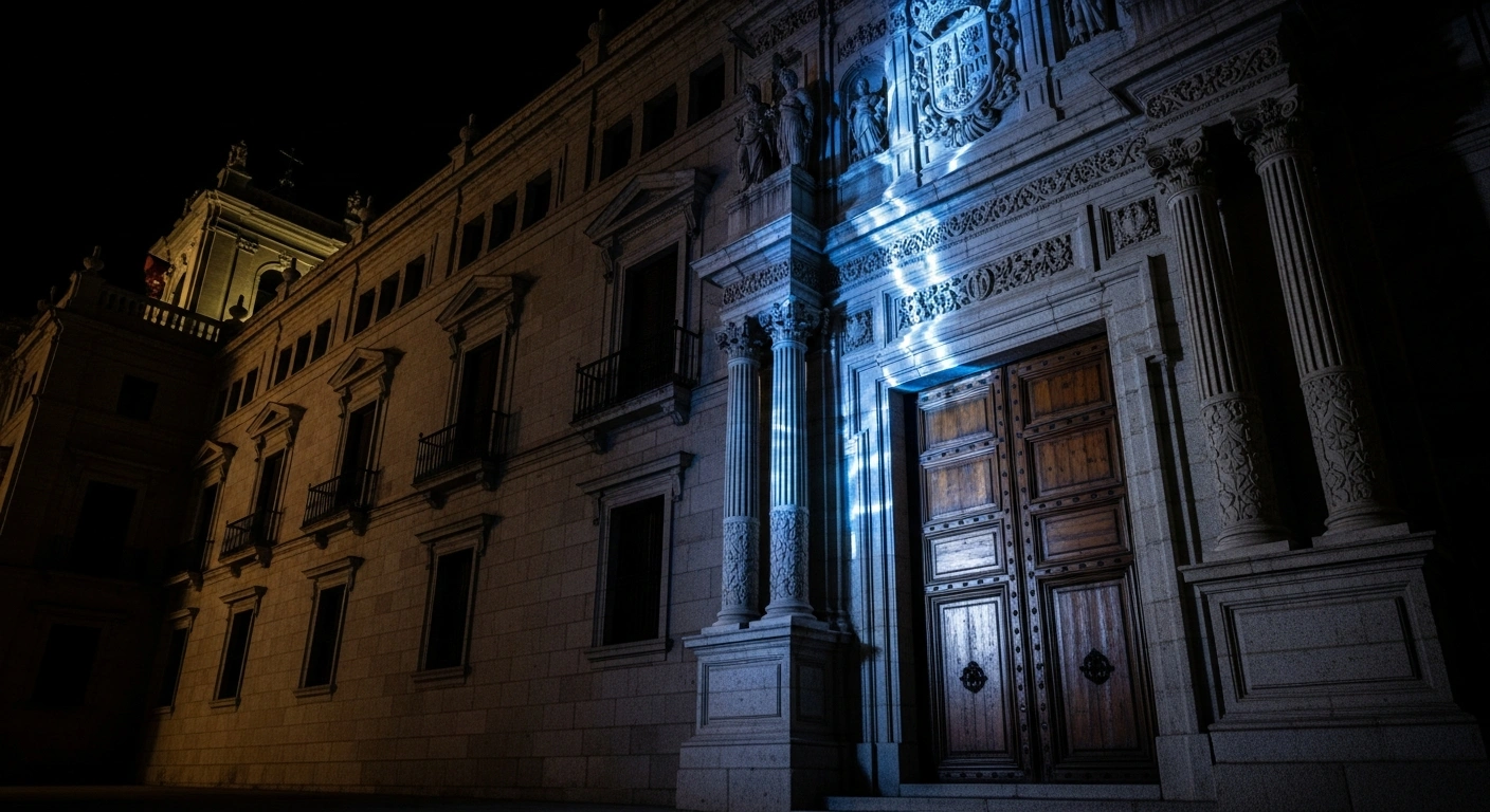 A dramatic image showing a modern blue light projected onto an ancient, ornate stone Spanish government building, symbolizing the tension between Spain and Telegram founder Pavel Durov over proposed legislation to regulate social media for minors and hold tech executives accountable.