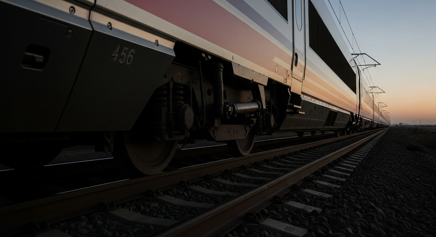 A Spanish high-speed train, an AVE, moves along tracks at a reduced speed, reflecting Adif's temporary lowering of speed limits between Barcelona and Madrid following track irregularity reports and a fatal collision in Andalusia.