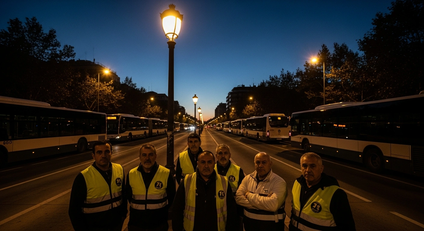 A group of unionized transport workers stands resolutely under a streetlamp in a Spanish city at dawn, with an empty bus lane and parked buses in the background, symbolizing nationwide strikes and protests demanding increased wages and improved working conditions that are disrupting rail services, bus routes, and baggage handling at airports across Spain.