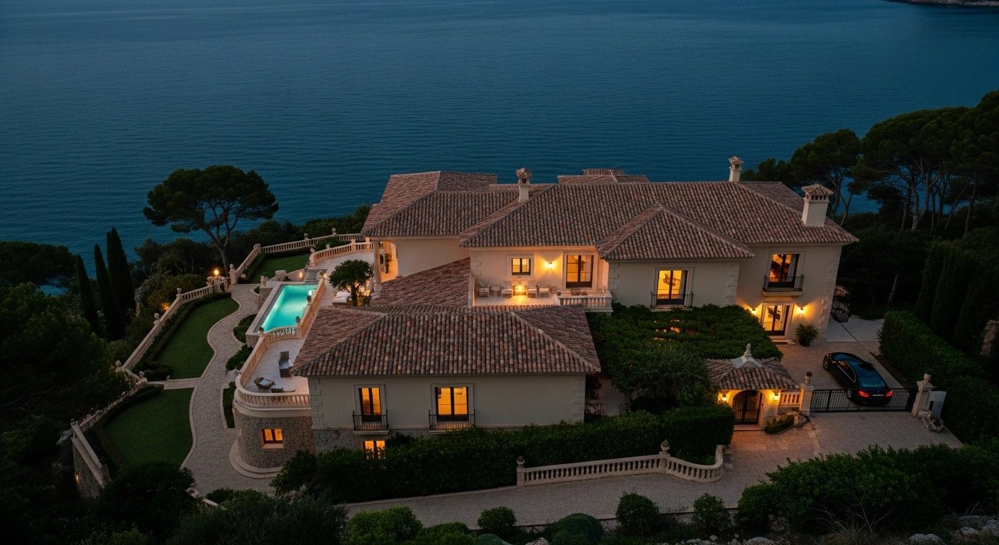A high-angle shot captures a luxurious, secluded Spanish villa on the Mediterranean coast at dusk, with interior lights glowing and a dark vehicle parked, symbolizing the presence of Turkish criminal organizations engaged in drug trafficking and violent feuds.