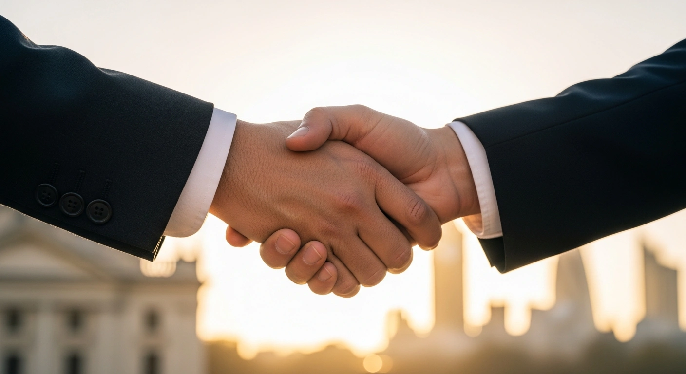 A close-up shot of two hands, one representing Spain and the other the UK, shaking firmly against a softly blurred background, symbolizing the proposed reciprocal 90-day work visa waiver for skilled professionals to ease post-Brexit mobility and cross-border business.
