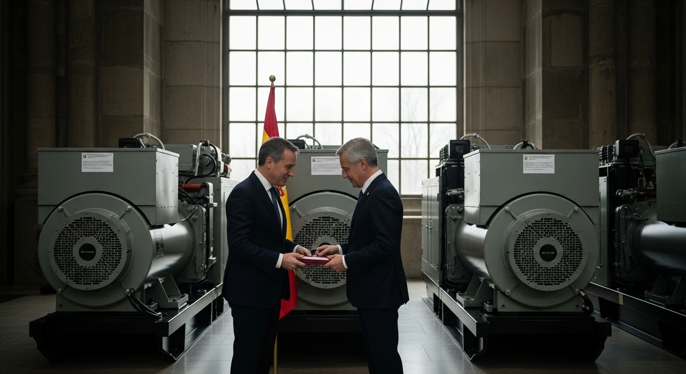 Spain's Foreign Minister José Manuel Albares and Ukraine's Ambassador Yuliia Sokolovska are depicted in a formal setting in Madrid, with six high-capacity industrial generators visible behind them, symbolizing Spain's aid to alleviate Ukraine's energy crisis.