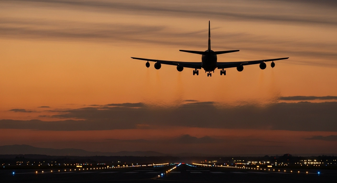 A large KC-135 Stratotanker military aircraft takes off from a Spanish airbase at twilight, symbolizing the withdrawal of US tanker aircraft after Spain's refusal to allow their use for an offensive against Iran.