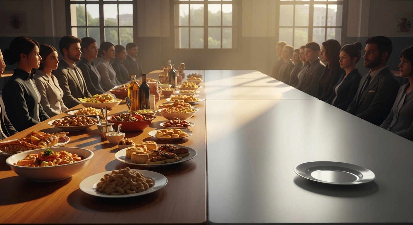 A long, polished wooden table in a sun-drenched hall, with one end displaying a vibrant spread of traditional Spanish dishes under warm light, and the other end starkly empty except for a single, simple, untouched plate under cooler light, symbolizing the debate around Spain's far-right Vox party's proposed ban on halal meals in Valencia's public schools and hospitals.