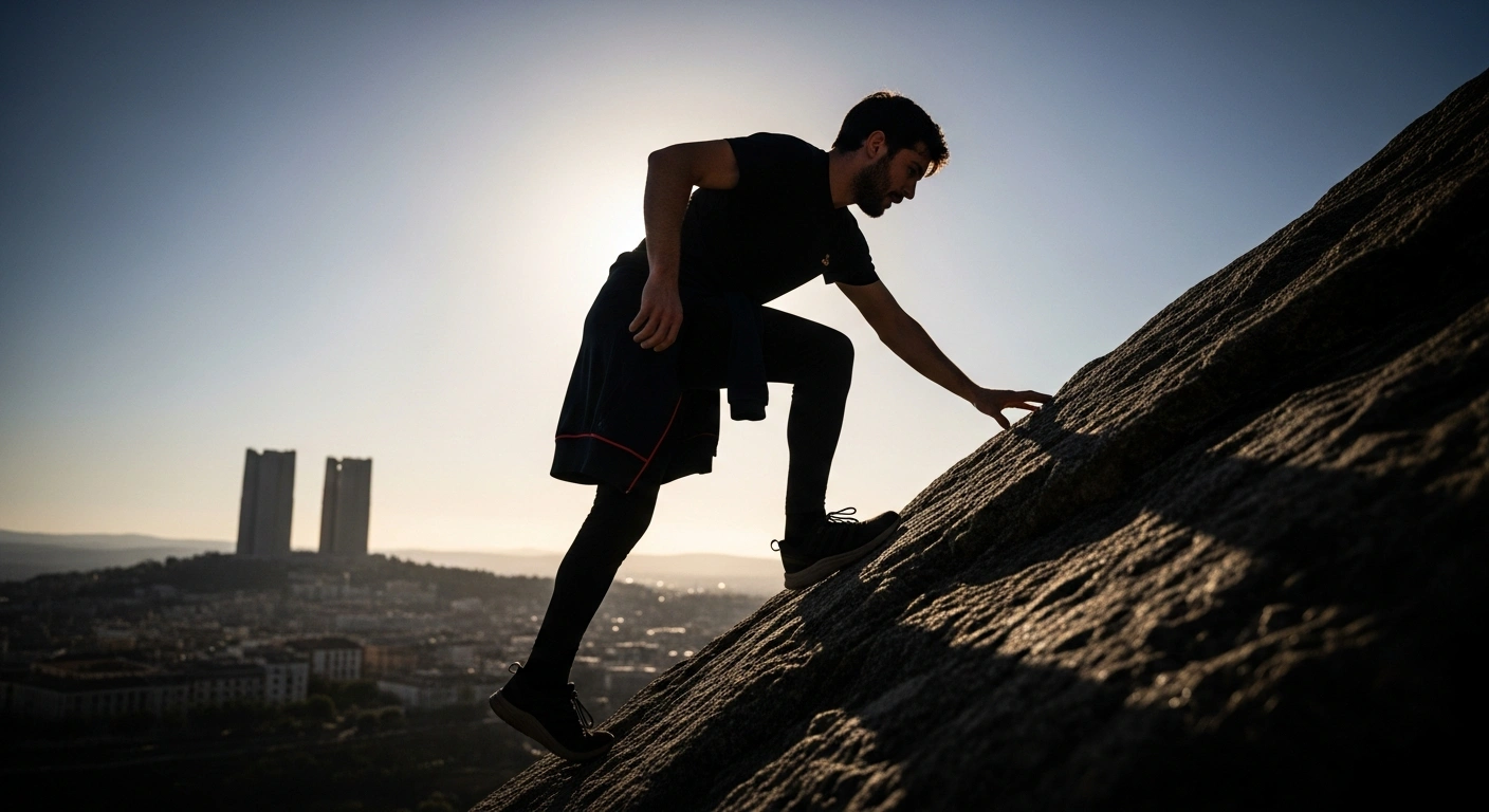 A lone, determined figure struggles to climb a steep, rocky path, while two larger, monolithic structures stand silhouetted against a brighter sky in the background, symbolizing the challenge faced by Spain's far-right Vox party against the dominant PSOE and PP.