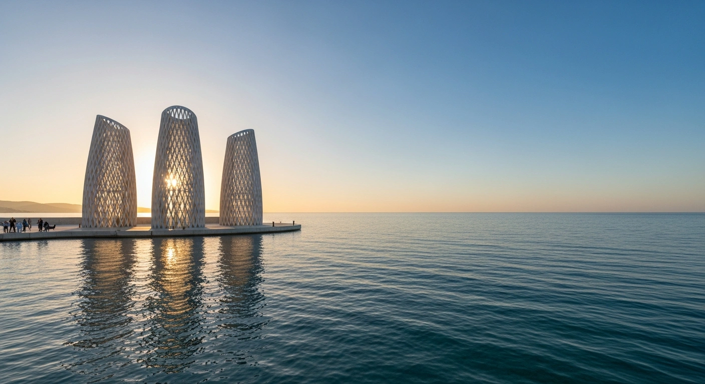 A photorealistic image depicts stylized architectural forms representing Spain, Tunisia, and Algeria converging over the vibrant blue Western Mediterranean Sea at golden hour, symbolizing Spain's co-presidency of the WestMED Initiative for a Sustainable Blue Economy and its collaborative efforts.