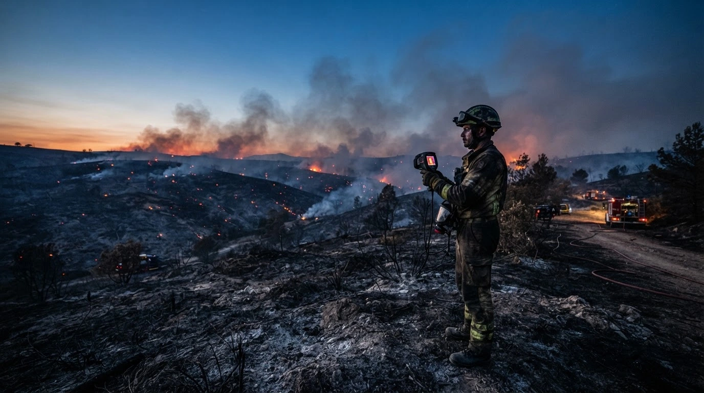 A Spanish firefighter monitors the smoldering landscape of a stabilized wildfire at dusk as emergency services work to prevent further flare-ups.