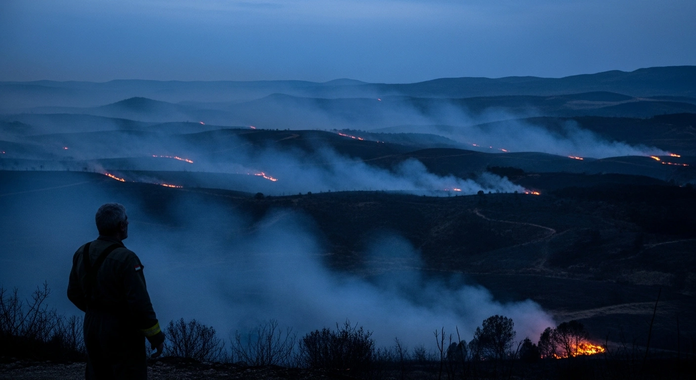 Emergency responders monitor the stabilized wildfire site in the Vall d'Uixó region of Castellón after the blaze scorched thousands of hectares.