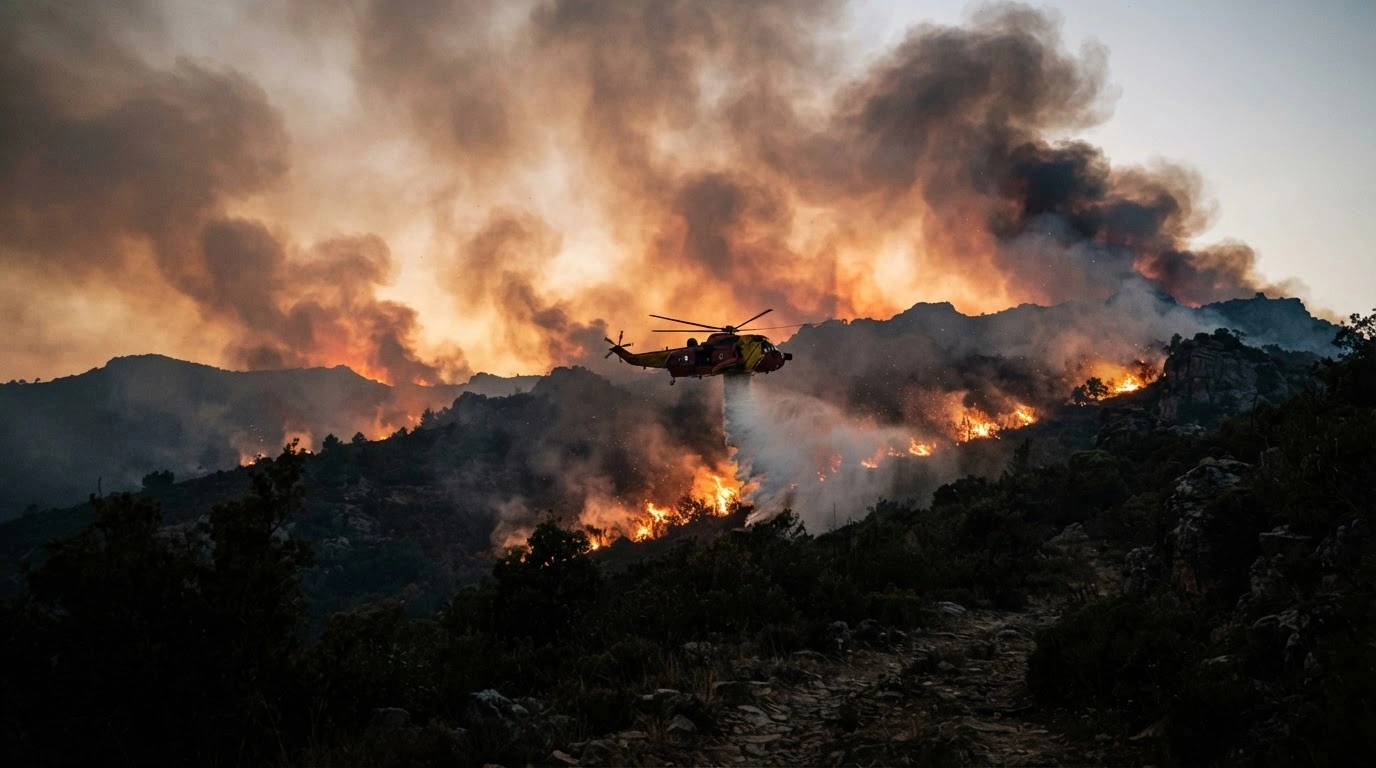 Emergency firefighting crews and a helicopter battle large wildfires across the rugged terrain of Huelva and Huesca in Spain.