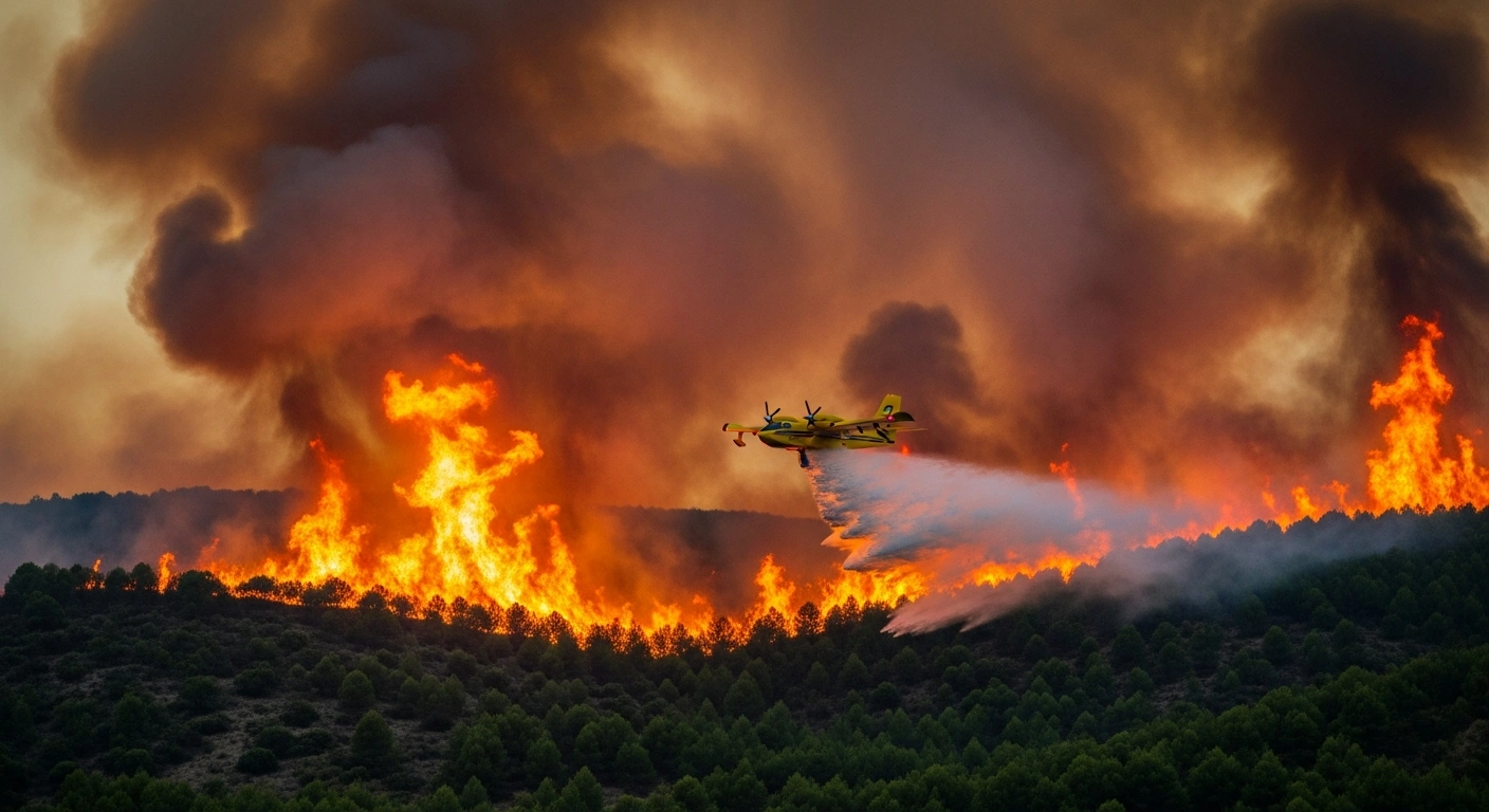 A firefighting aircraft drops retardant over a large wildfire burning on a dry hillside in Spain as emergency crews work to contain the blaze.