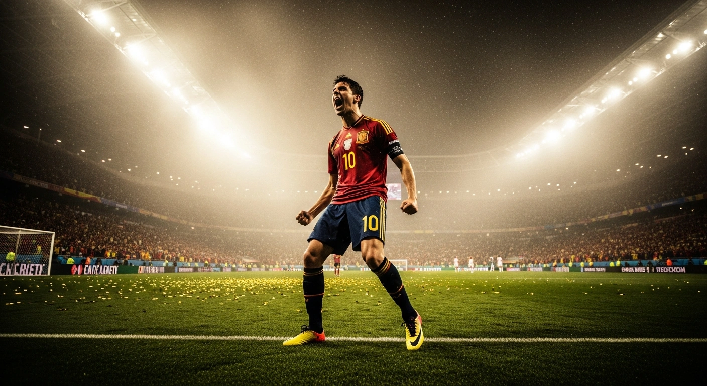 A Spanish soccer player celebrates winning the 2026 FIFA World Cup final after defeating Argentina in a stadium in the United States.