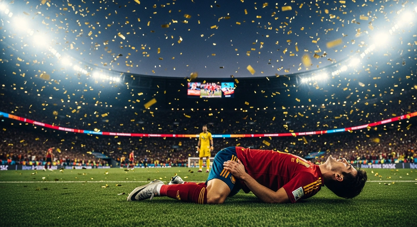 A Spanish football player celebrates on the pitch after winning the 2026 FIFA World Cup final against Argentina.