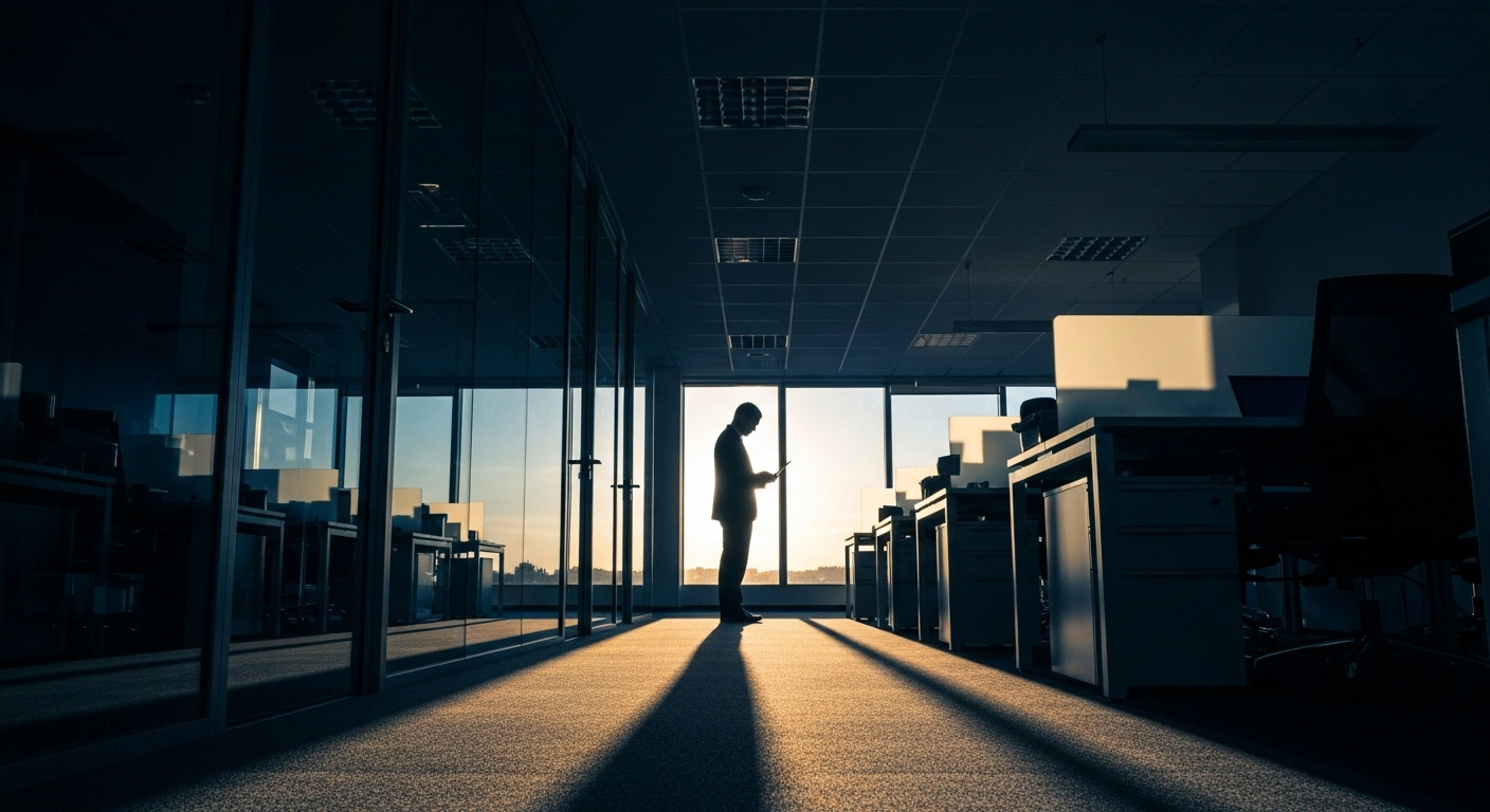 A professional stands in a modern office at sunset, representing the ongoing challenge of reducing the average work week in Spain.