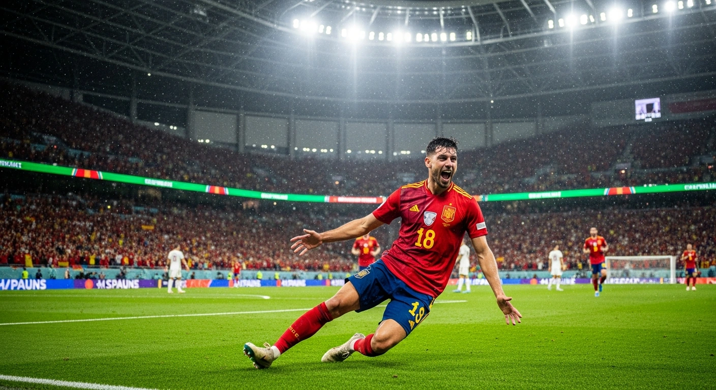 A Spanish football player celebrates a goal during a 2026 FIFA World Cup match against Saudi Arabia.