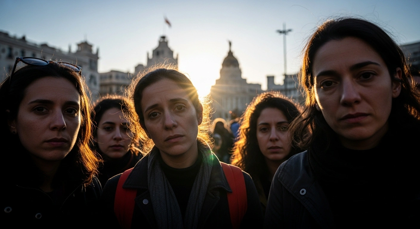 A group of Spanish activists, their faces showing weariness and resolve, stand in a public space in Madrid, having recently been released from detention following the Sumud Global Flotilla's interception, as they condemn actions against Gaza.