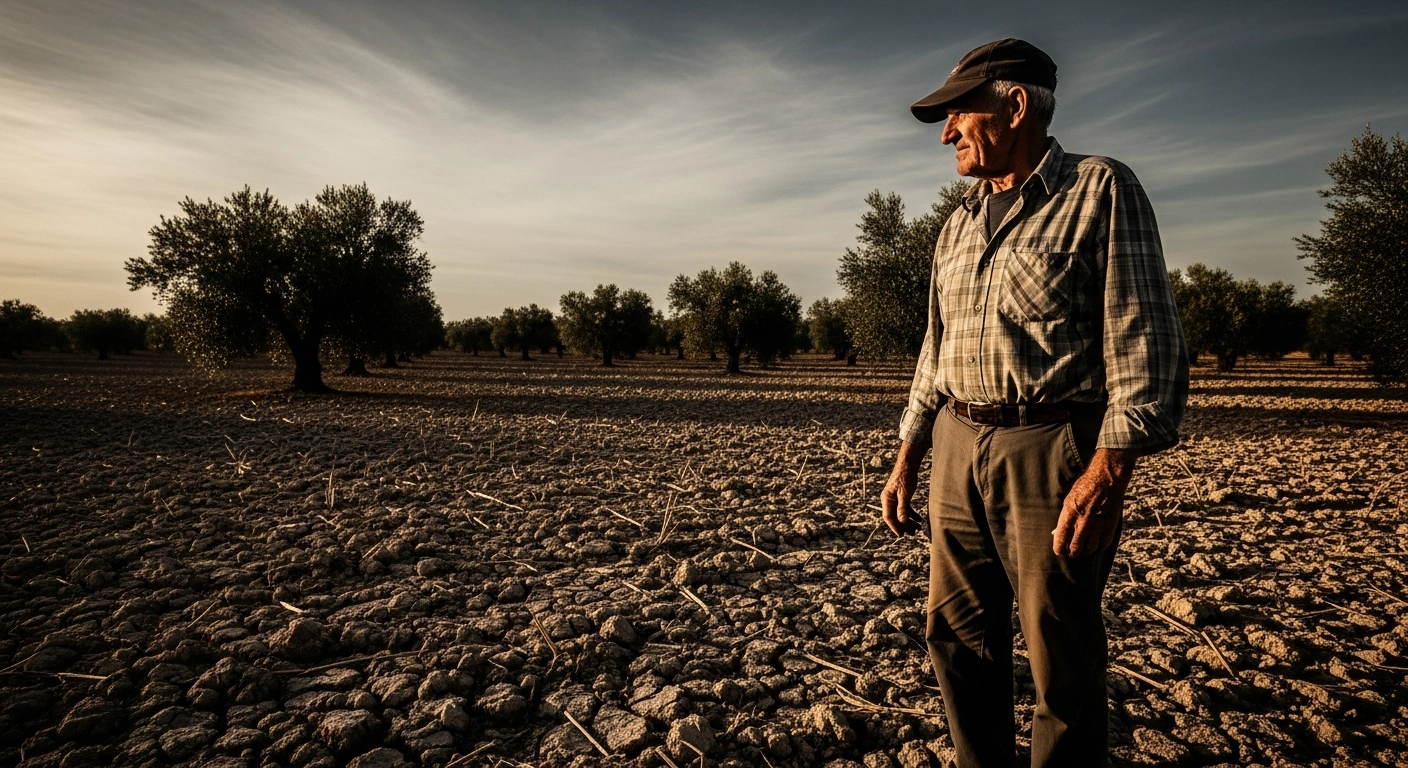 A Spanish farmer stands in a drought-stricken field in Andalusia, representing the agricultural producers receiving European Commission state aid for financial relief.